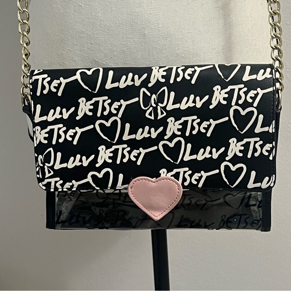 LUV Betsey by Betsey Johnson Designer Crossbody Bag Clear Black All Over Print - Picture 7 of 10